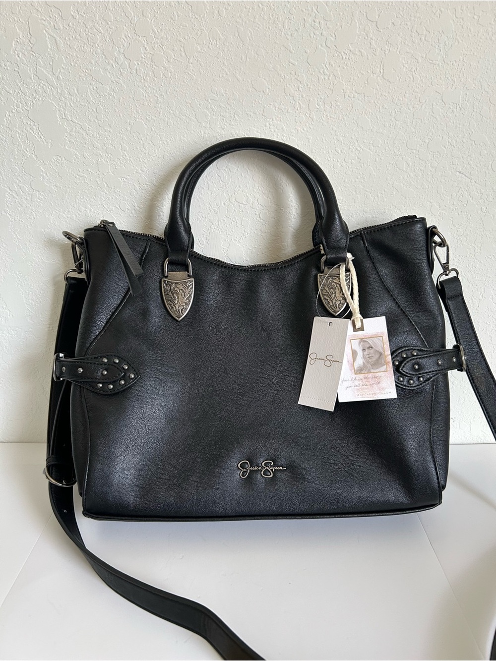 Jessica Simpson Black Leather Satchel with Detachable Strap